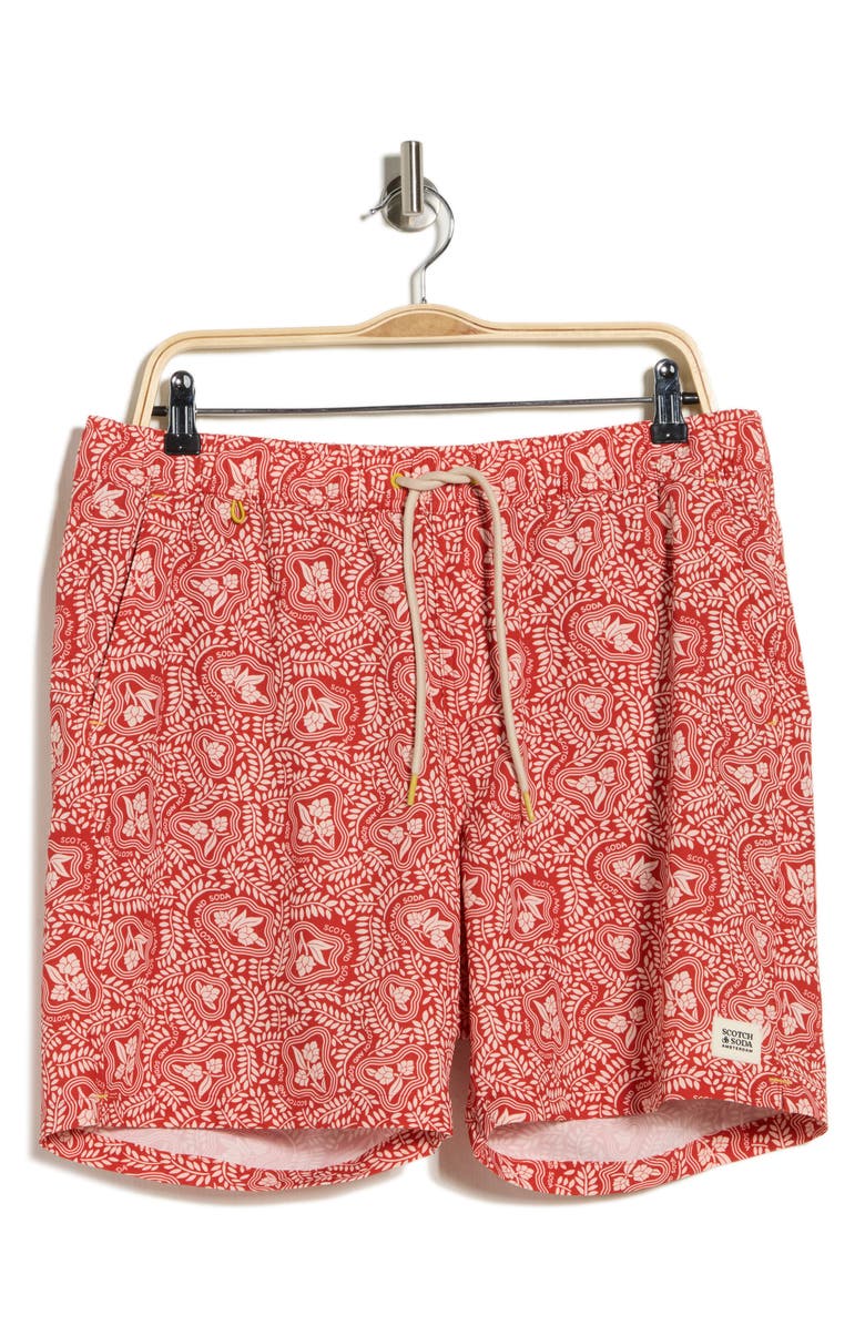 Scotch & Soda Leafy Floral Print Swim Trunks, Alternate, color, Fire Whirl