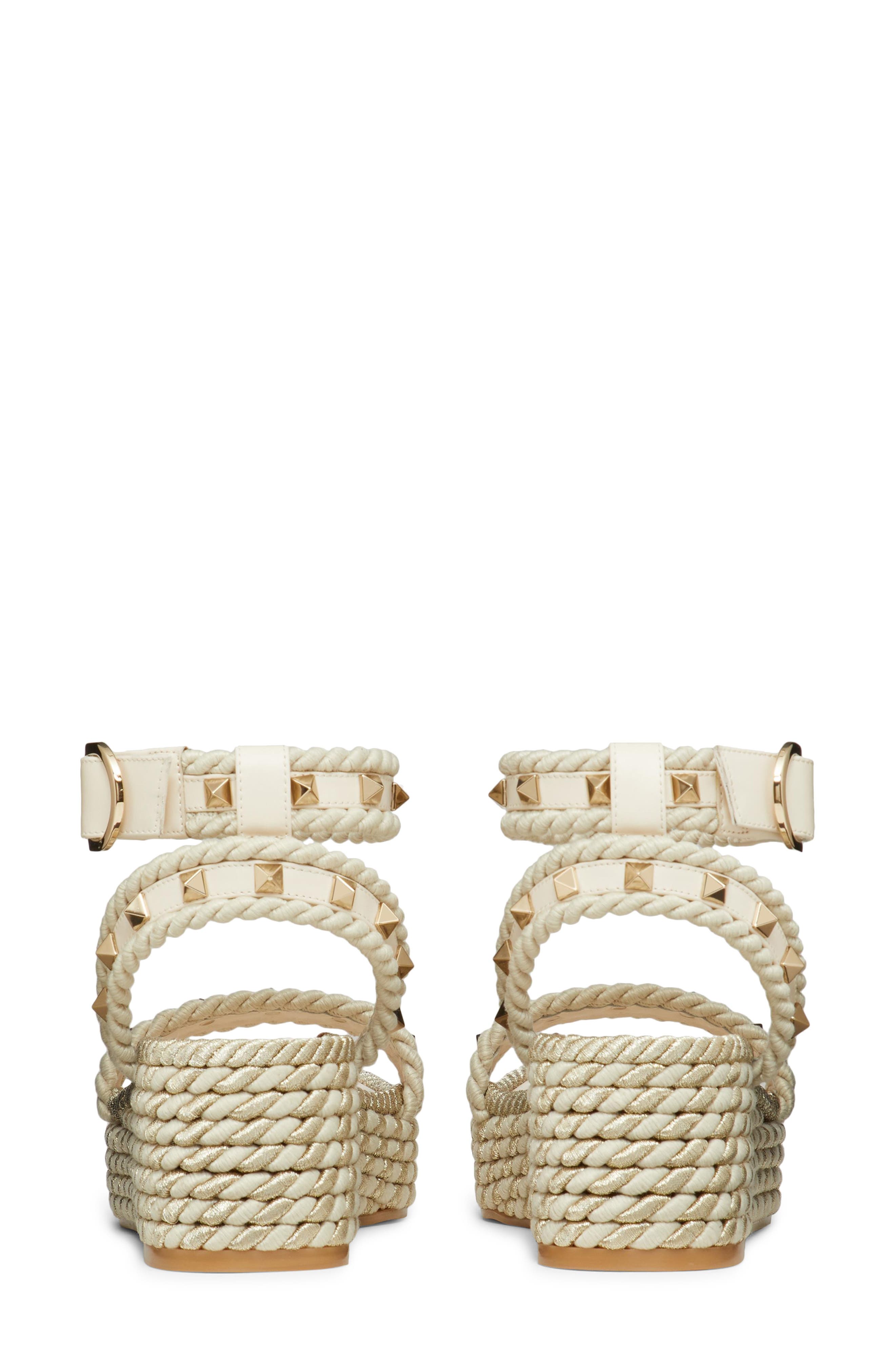 Valentino Garavani Rockstud Flatform Espadrille Sandal, Alternate, color, Light Ivory
