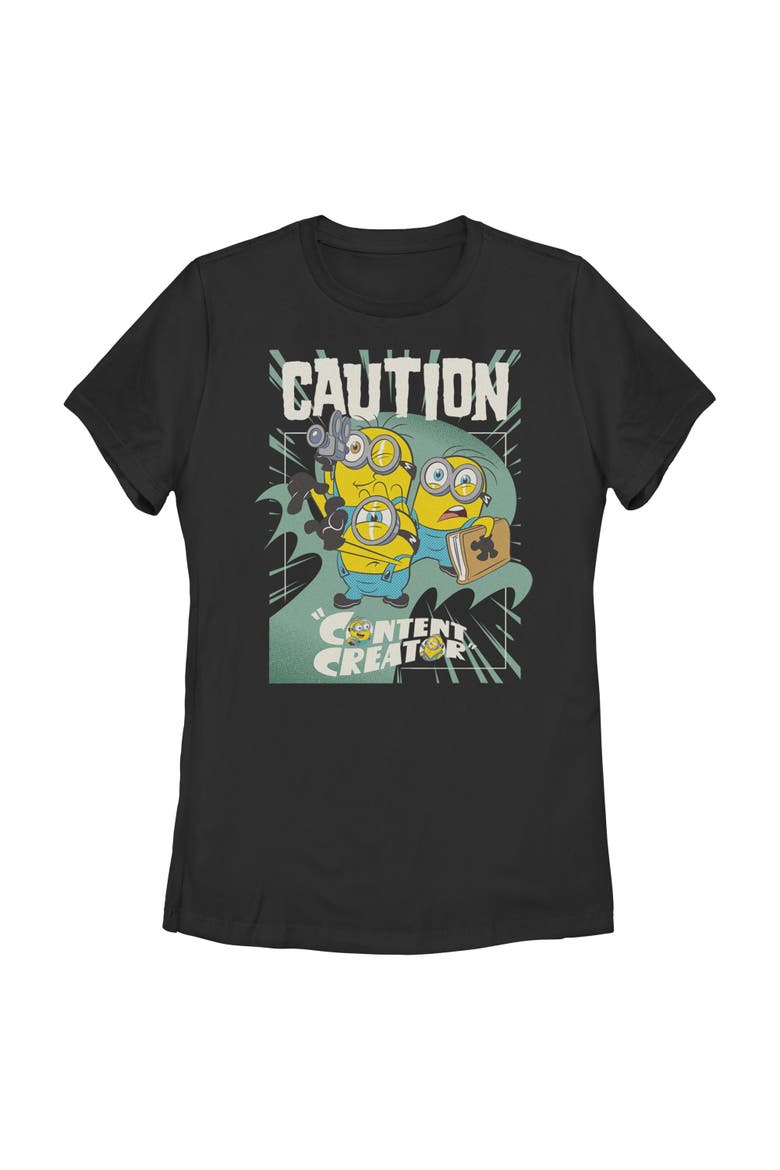Juniors Minions & Monsters Caution Content Creator T Shirt, Main, color, Black