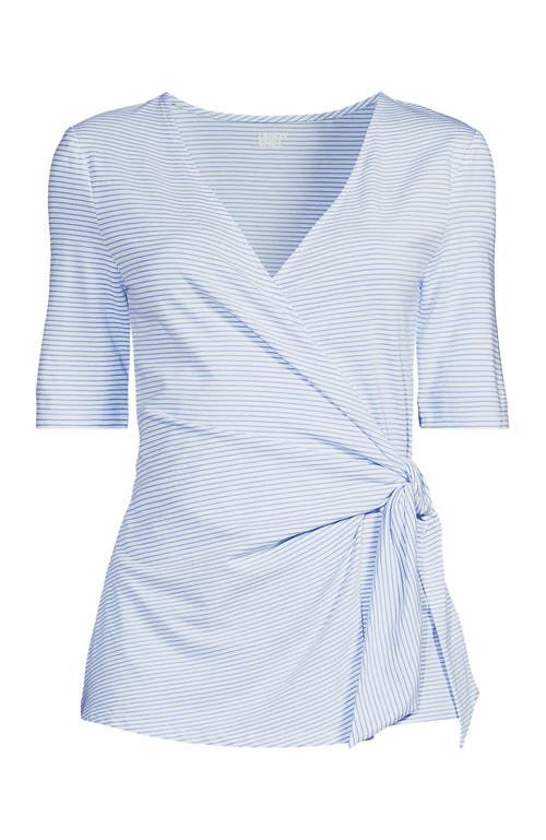 Lands' End Elbow Sleeve Lightweight Jersey Side Tie Blouse In White/periwinkle Tiny Stripe