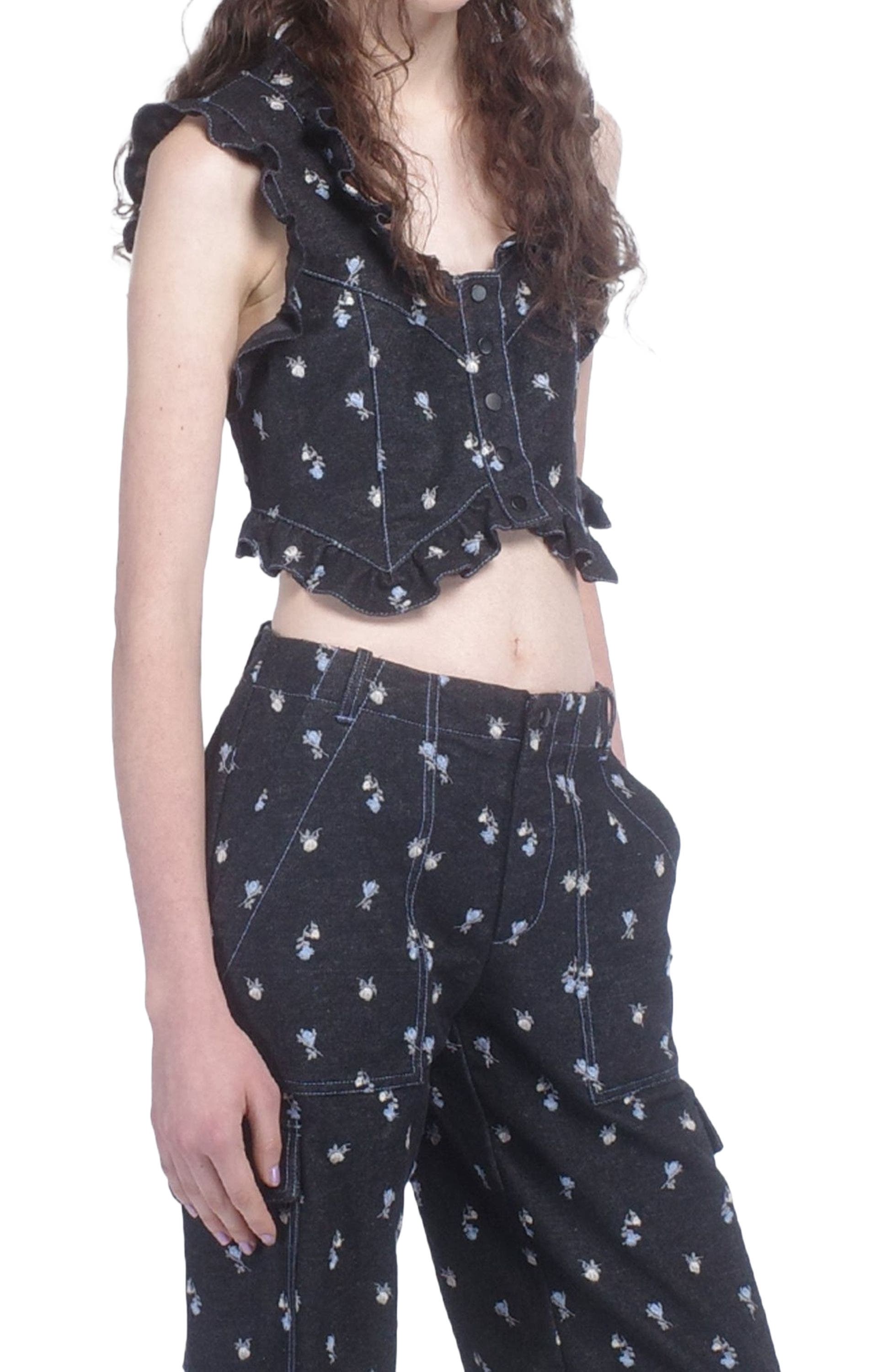 Denim Embroidered Roses Cropped Vest - image 2