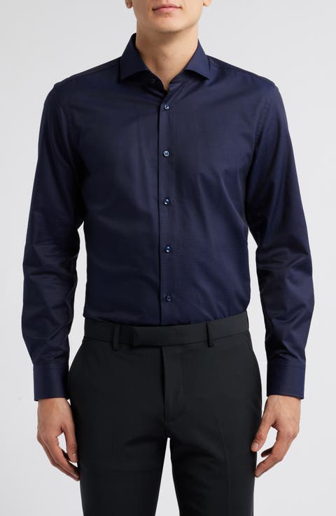 Hank Slim Fit Solid Blue Cotton Twill Dress Shirt (Regular & Big)