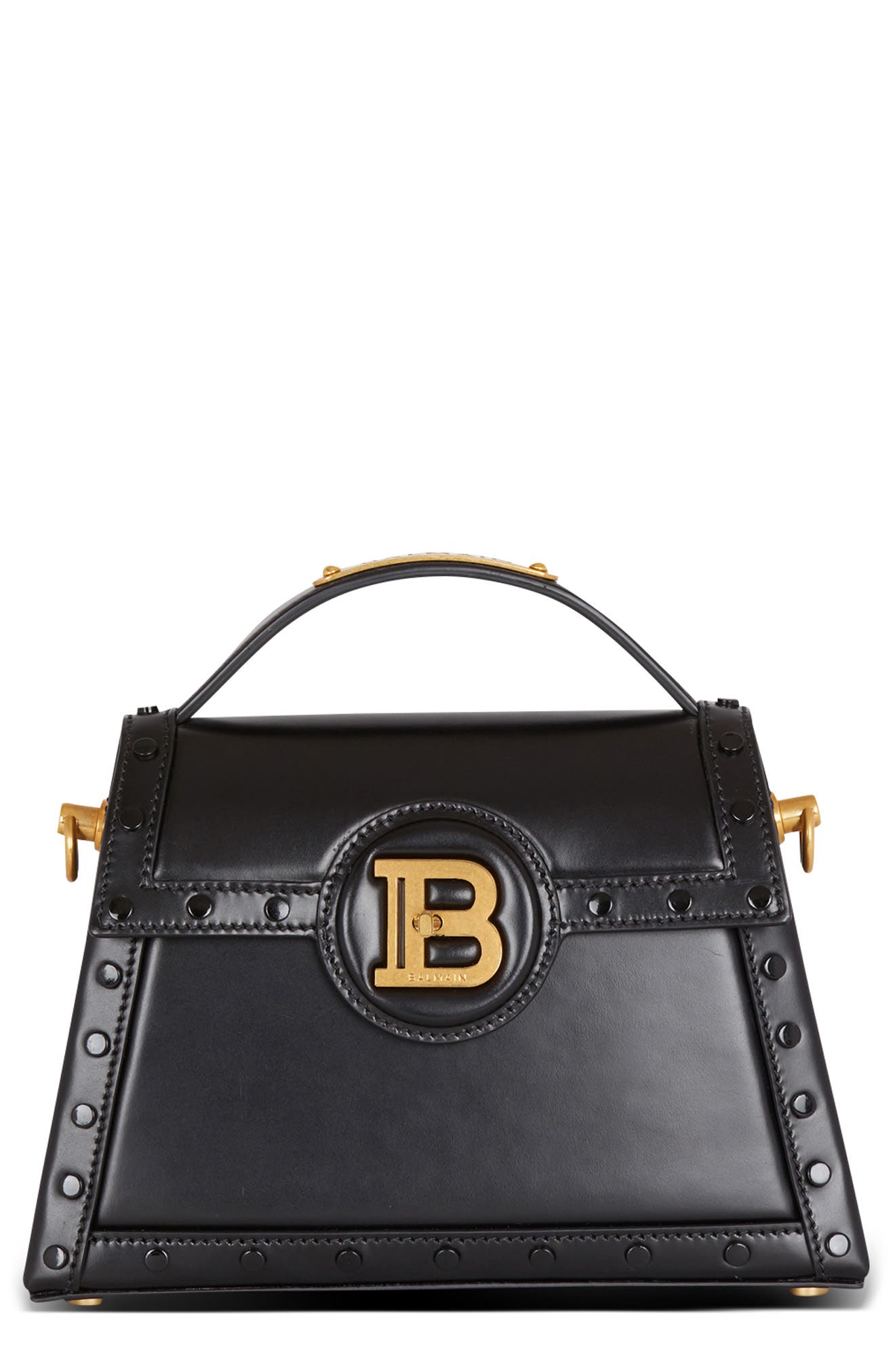 Balmain B-Buzz Dynasty Glazed Leather Top Handle Bag, Main, color, 