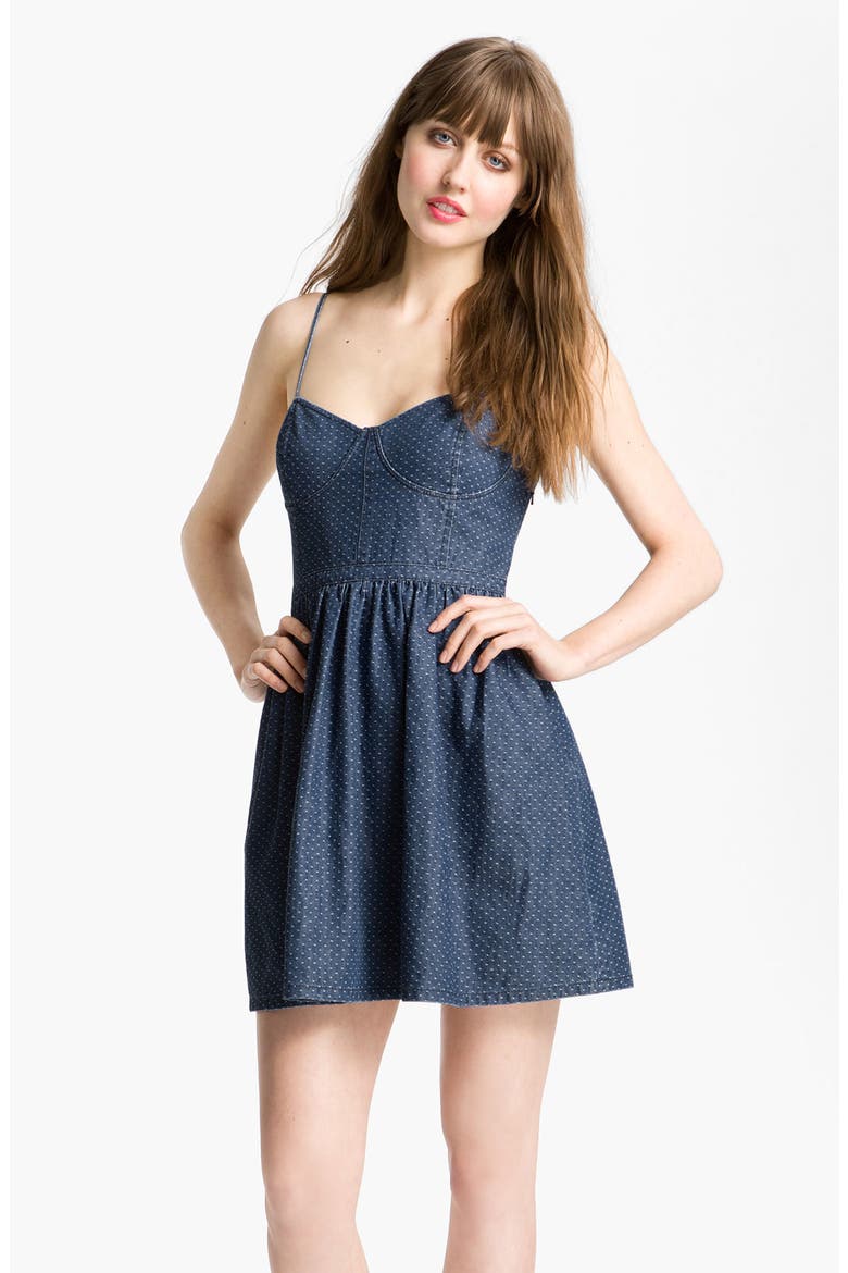 Polka Dot Denim Bustier Dress, Main, color, NAVY COMBO