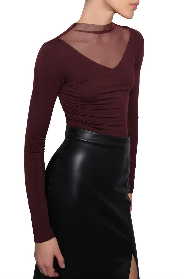 Saige Mesh Yoke Mock Neck Top, Alternate, color, BURGUNDY