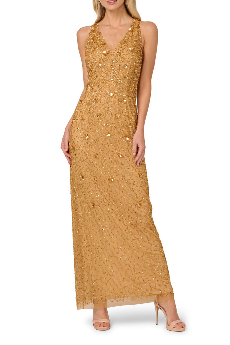 Beaded Sleeveless Column Gown, Main, color, GOLDEN RAY