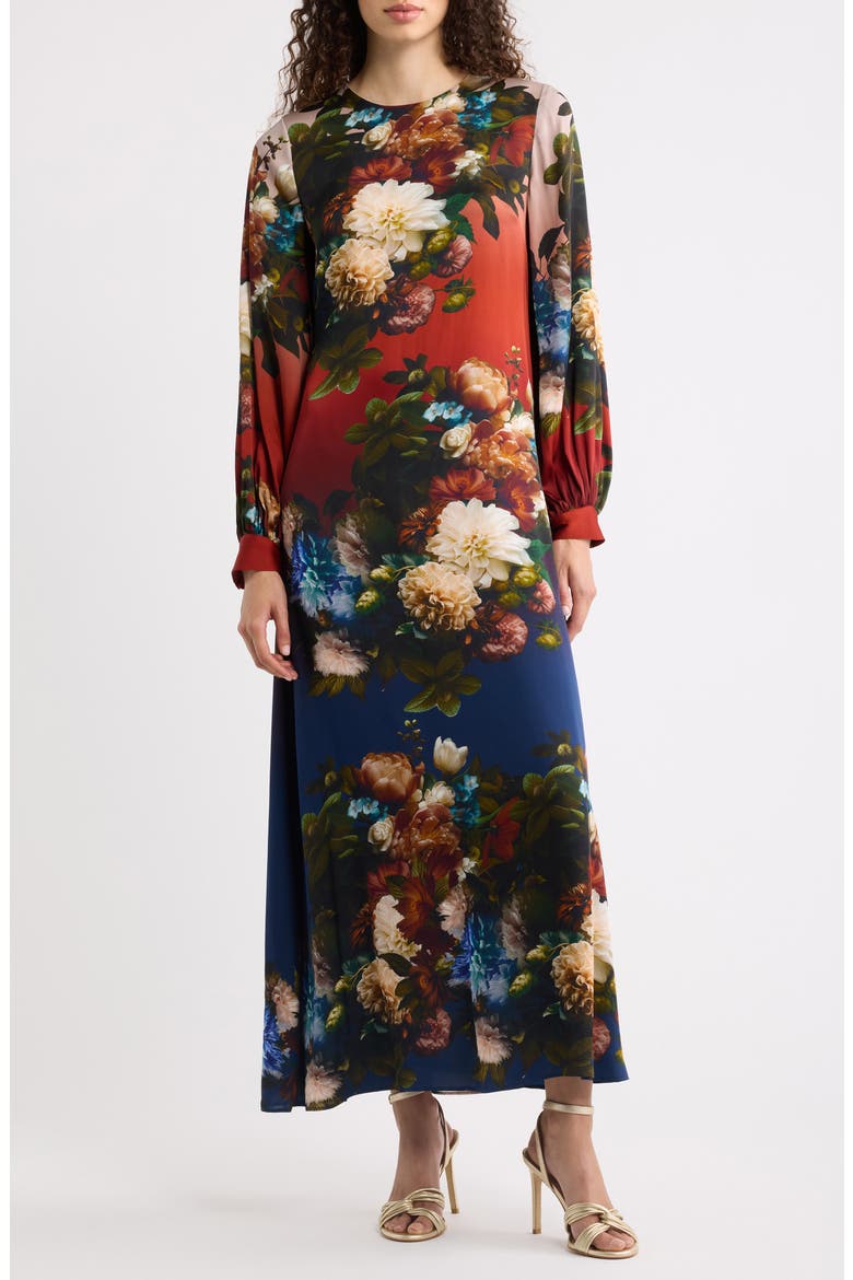The Renata Floral Long Sleeve Silk Blend Maxi Dress, Main, color, MYSTICAL FORREST