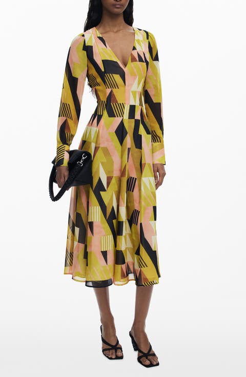 Geometric Long Sleeve Midi Dress