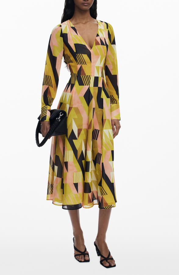 Geometric Long Sleeve Midi Dress
