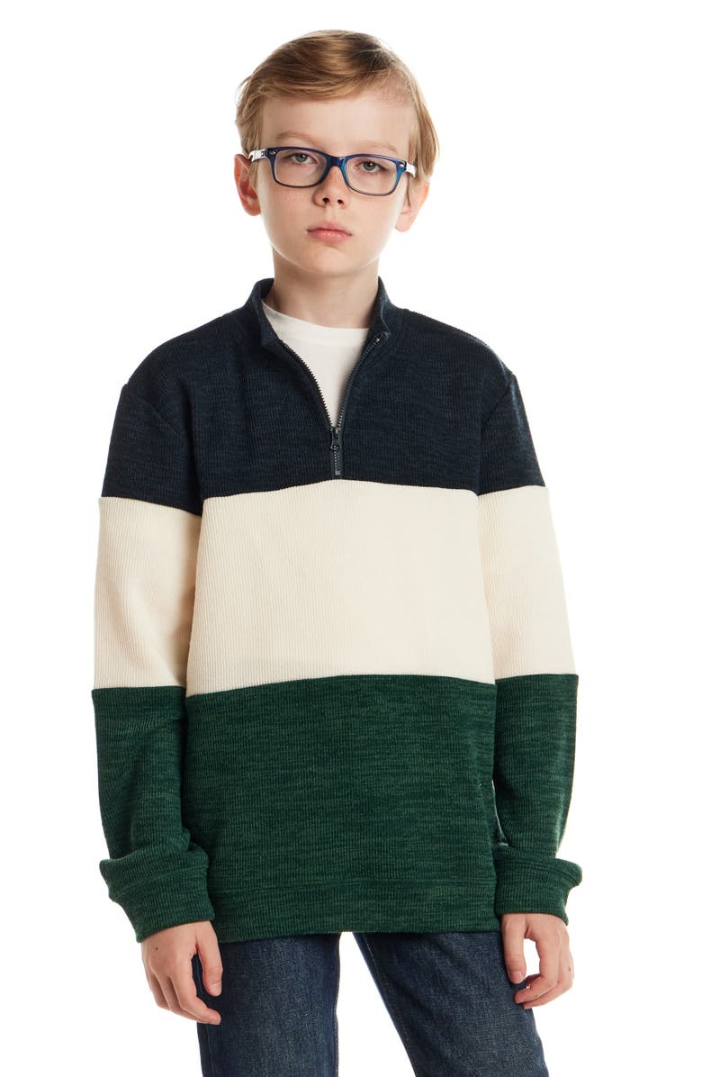 Andy & Evan Kids' Colorblock Quarter Zip Cotton Sweater, Alternate, color, Green Stripe