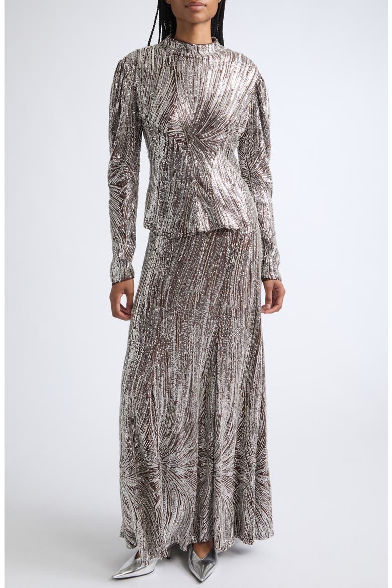 Beaded Long Fluid Skirt, Alternate, color, SILVER / BROWN