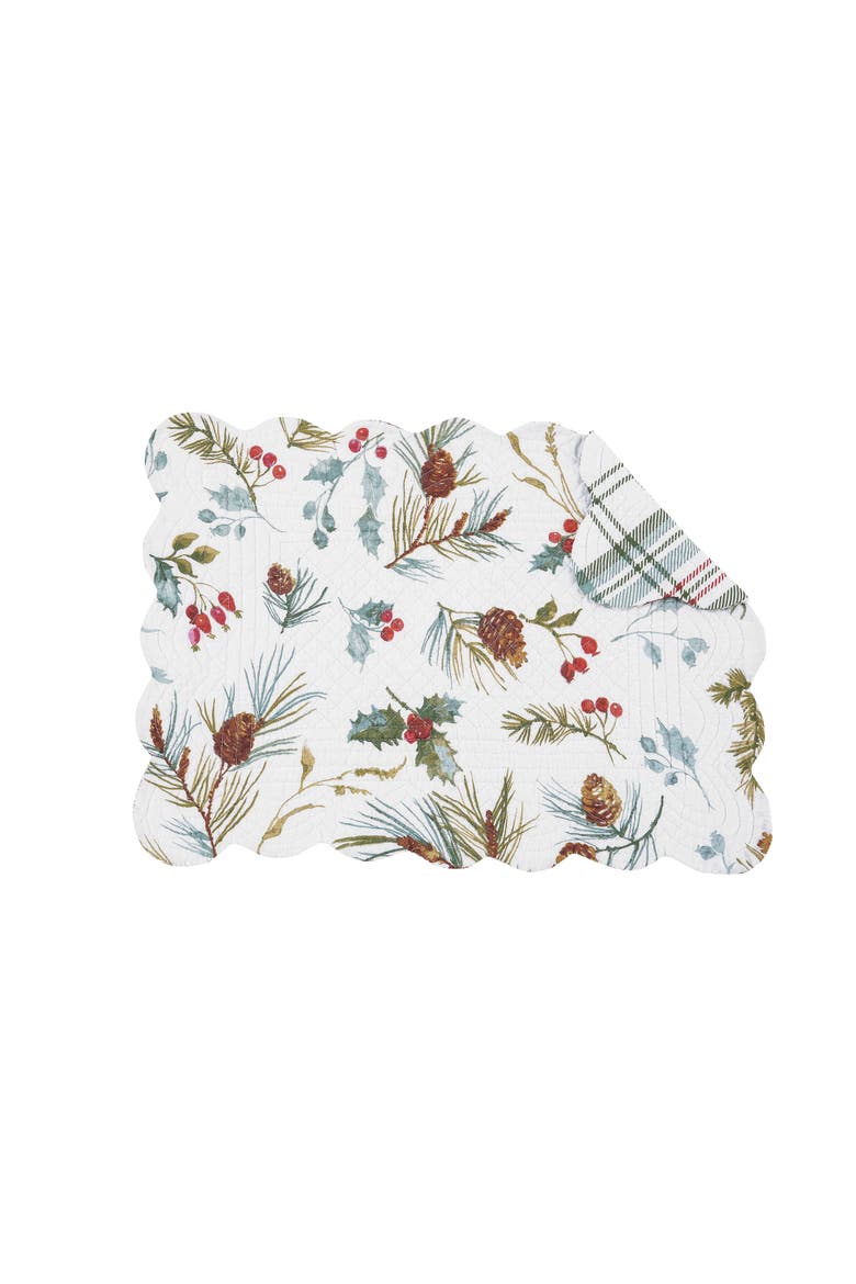 Edith Quilted Reversible Holly Botanical Placemats Set of 6, 13" x 19", Main, color, White