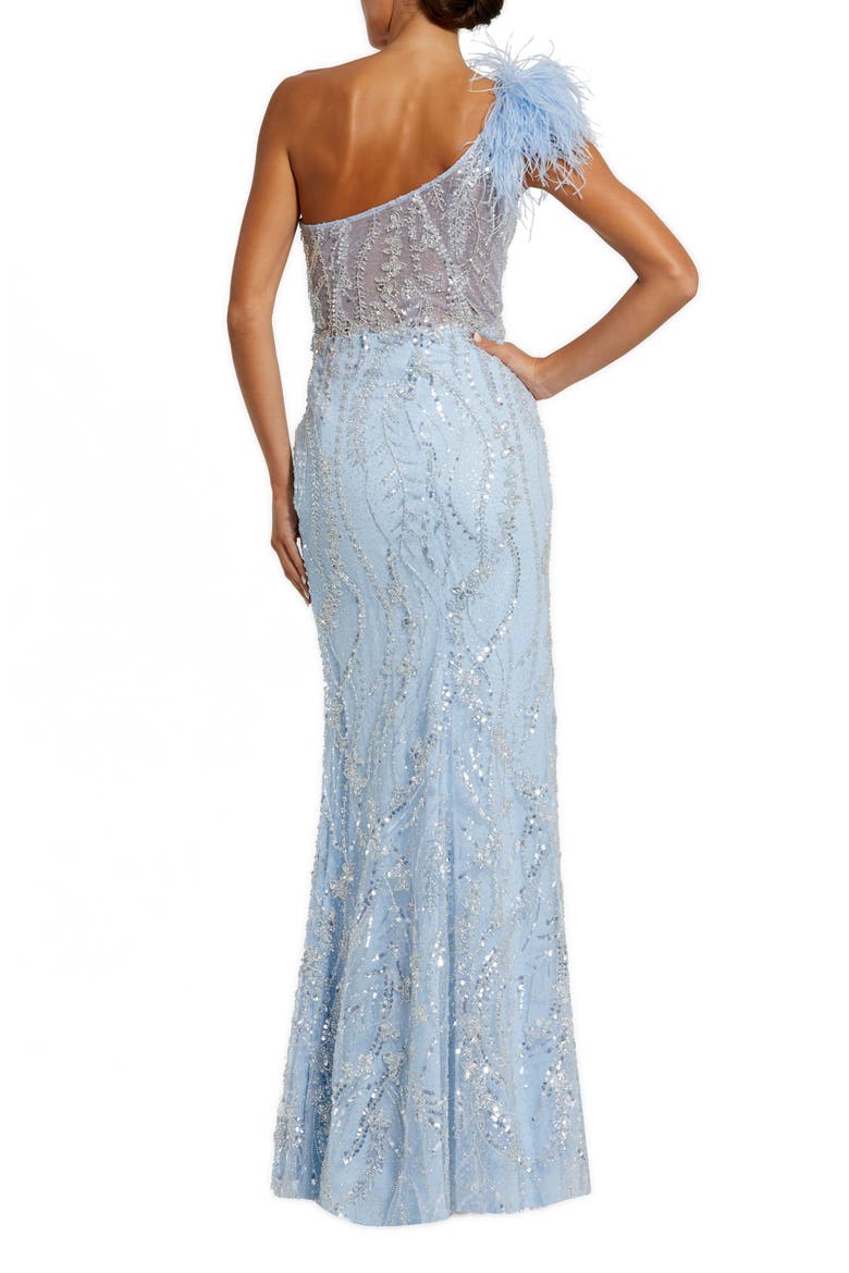 Feathered One Shoulder Embroidered Applique Gown, Alternate, color, POWDER BLUE