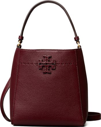 TORY BURCH McGraw Burgundy Leather High Frequency Small Bucket popular Crossbody Bag