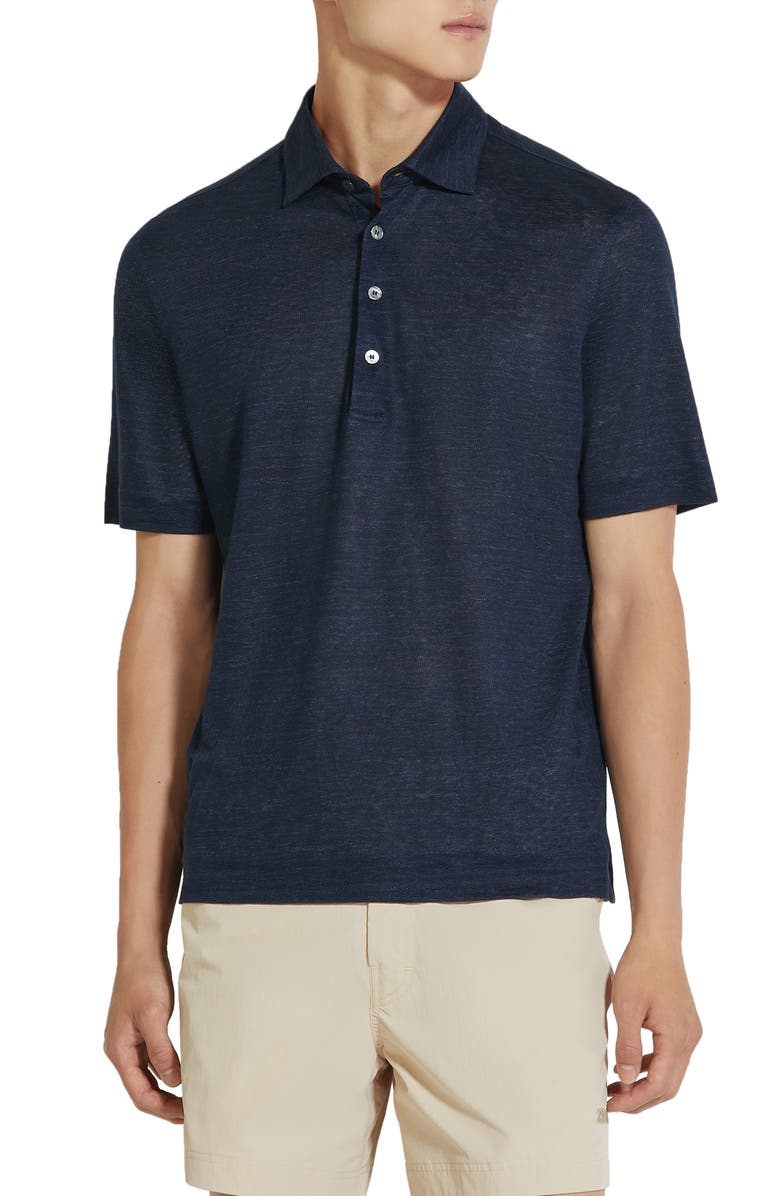ZEGNA Linen Polo, Main, color, Navy