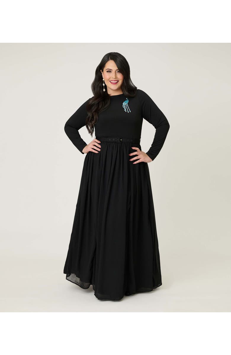 Unique Vintage Plus Size Brooch Maxi Dress, Main, color, Black W/Embellishment