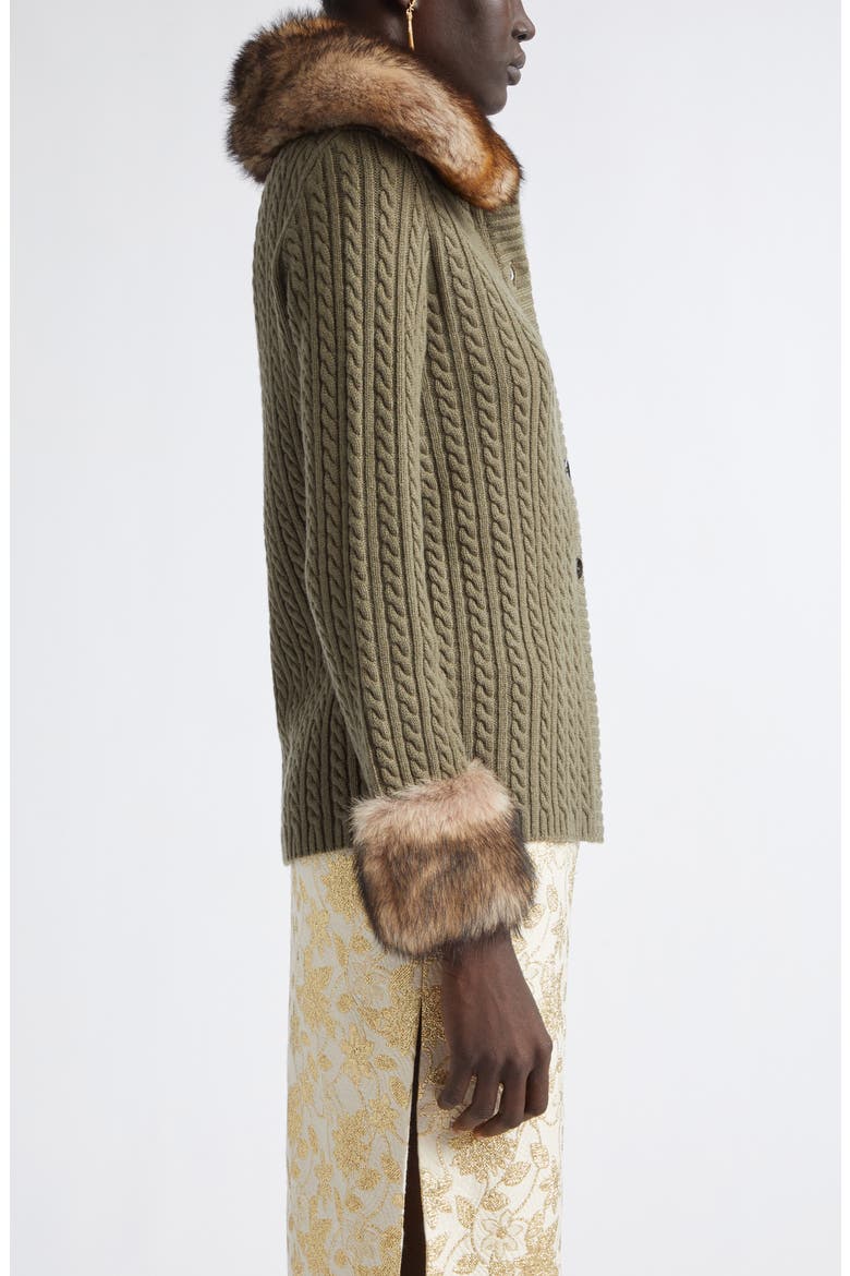 Genuine Shearling Trim Cashmere Cable Cardigan, Alternate, color, KAKI/ FAUVE