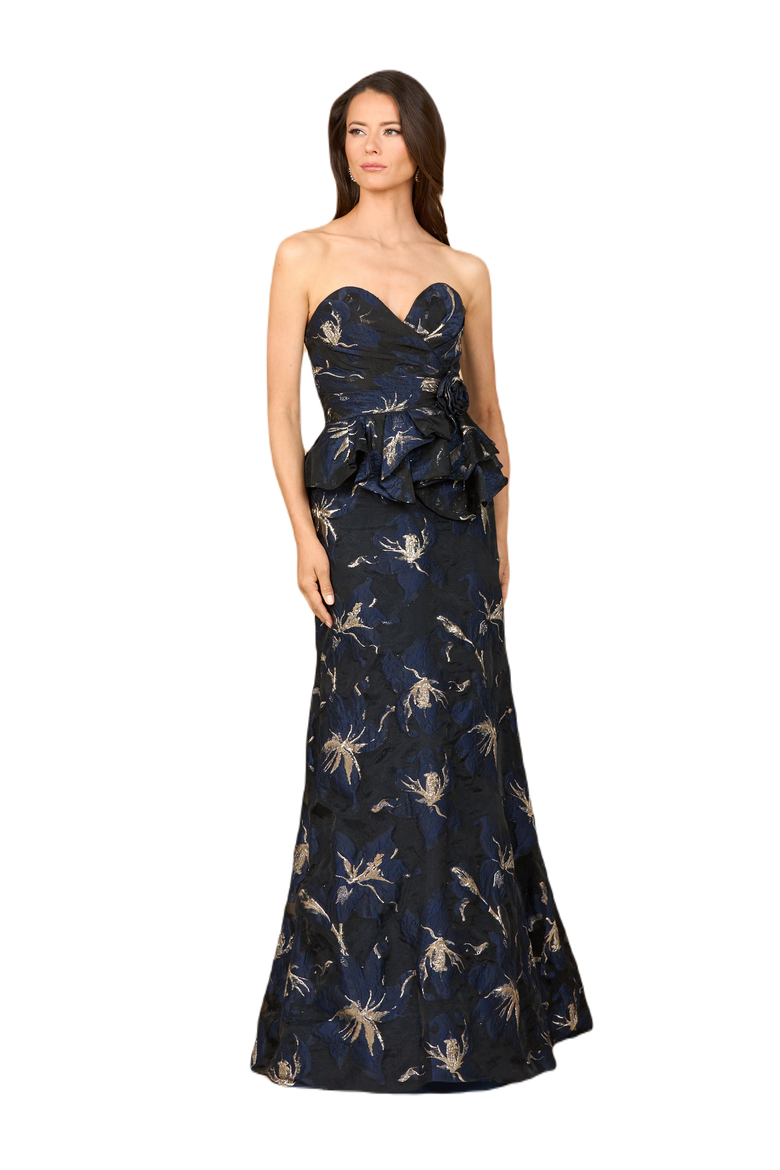 Strapless Brocade Gown with Bolero, Alternate, color, Navy