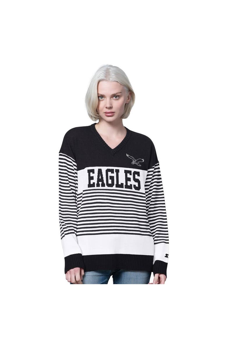 Women's Starter Black Philadelphia Eagles No Huddle Striped V-Neck Sweater, Main, color, Black