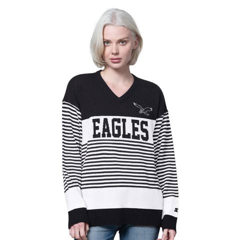 Women's Starter Black Philadelphia Eagles No Huddle Striped V-Neck Sweater