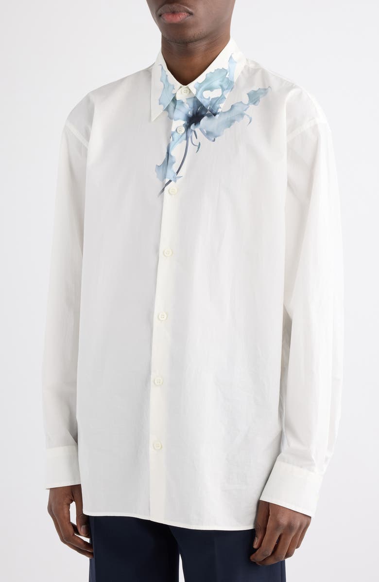 Dries Van Noten Croom Floral Cotton Poplin Button-Up Shirt, Alternate, color, White/ Light Blue