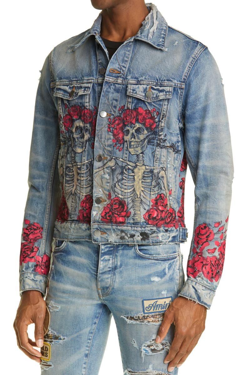 AMIRI Grateful Dead Skull & Roses Denim Trucker Jacket, Alternate, color, 