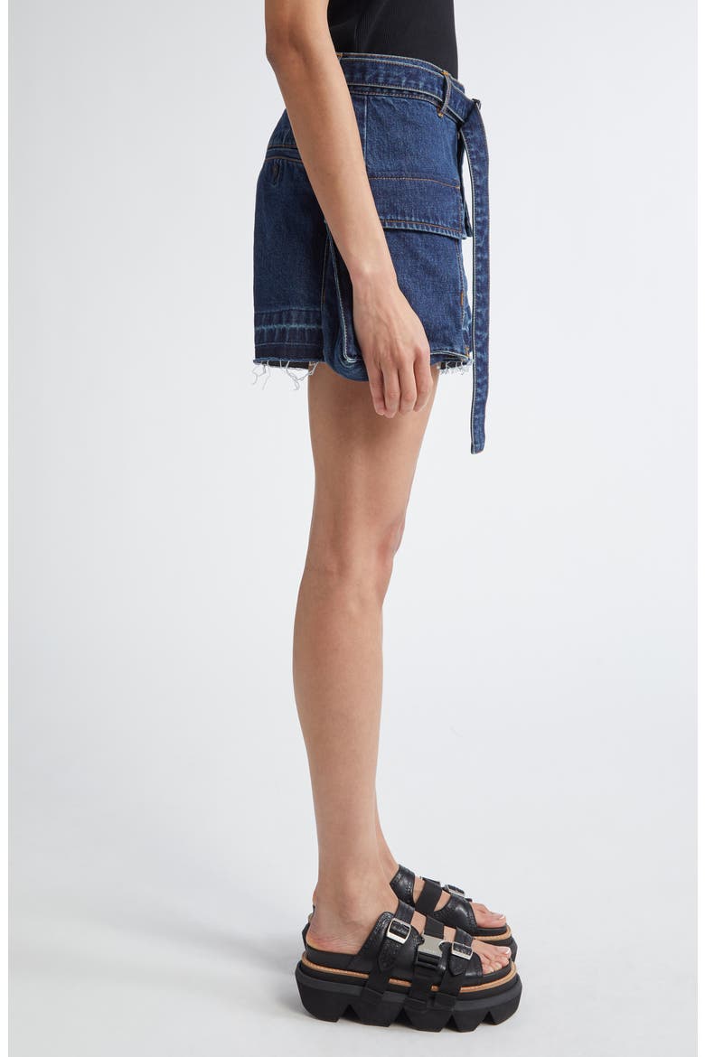 Belted Frayed Release Hem Cargo Denim Shorts, Alternate, color, BLUE 401