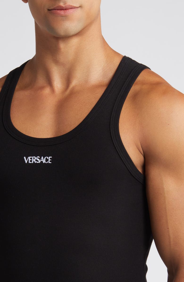Versace Embroidered Logo Rib Tank, Alternate, color, Black