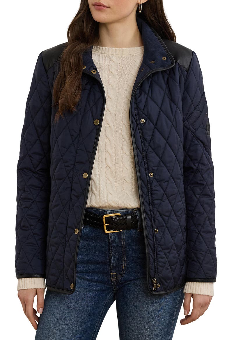 Diamond Quilted Barn Jacket With Faux Leather Trim, Main, color, DARK NAVY