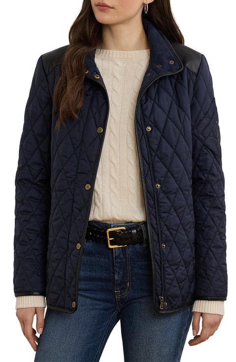 Diamond Quilted Barn Jacket With Faux Leather Trim