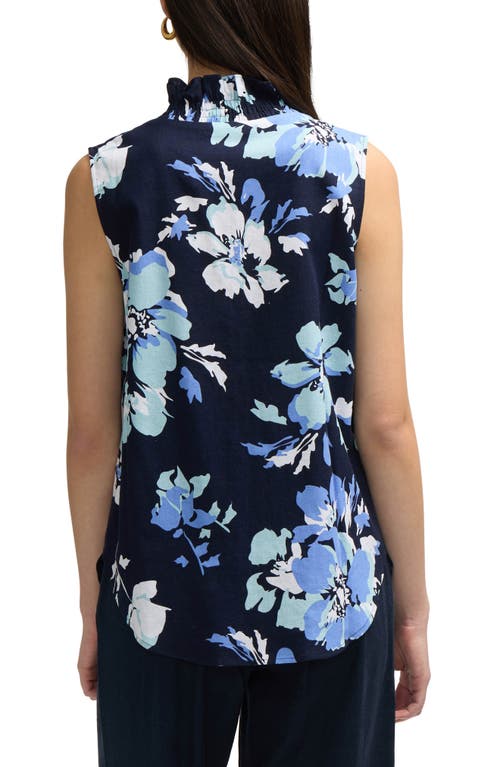 Ellen Tracy Ruffle Sleeveless Button-up Shirt In Navy Bouquet