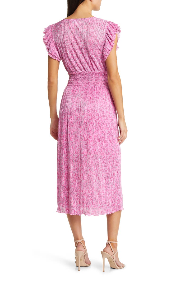 Chelsea28 Flutter Sleeve Plissé Midi Dress, Alternate, color, Pink- Blue Butterfly Blooms