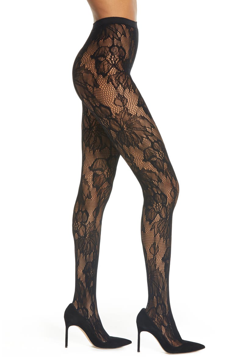 Floral Fishnet Tights, Main, color, BLACK