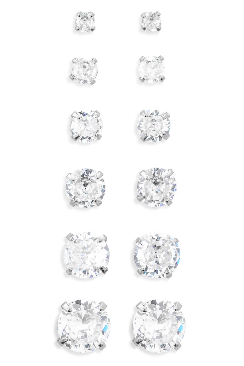 Set of 6 Cubic Zirconia Stud Earrings, Main, color, STERLING SILVER DIPPED