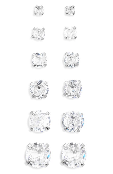 Set of 6 Cubic Zirconia Stud Earrings