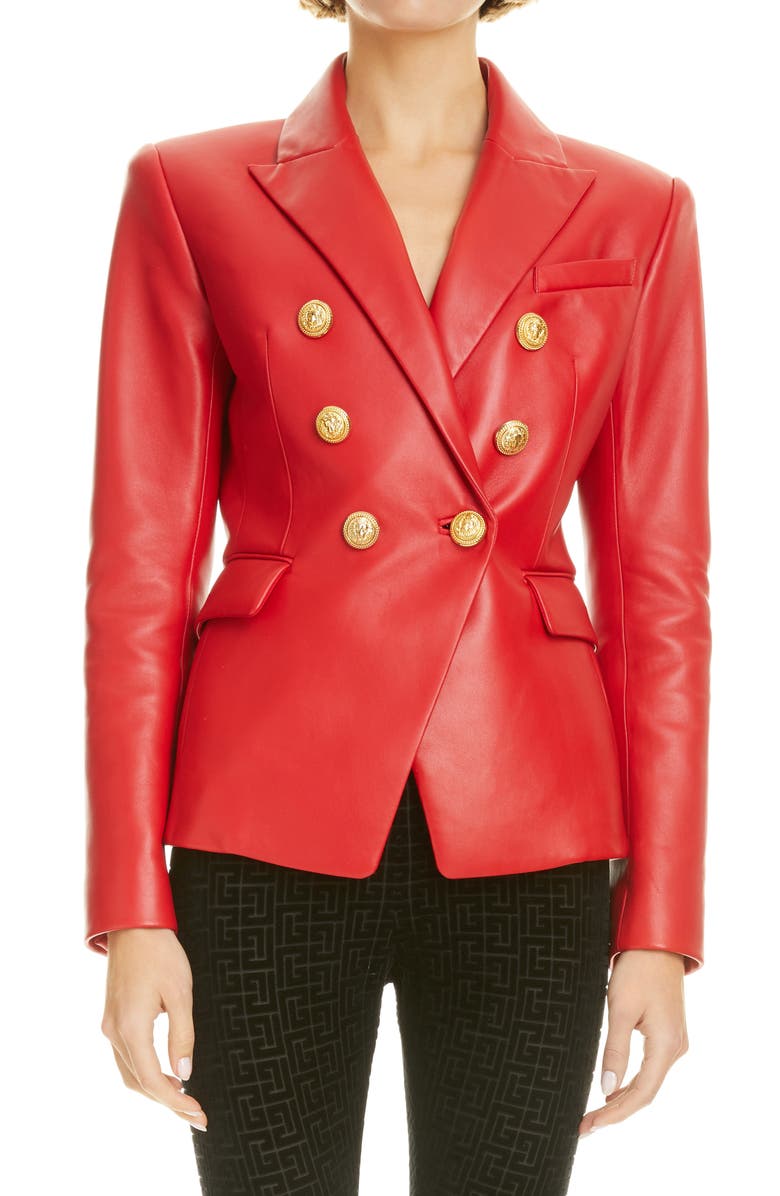 Balmain Double Breasted Leather Blazer, Alternate, color,