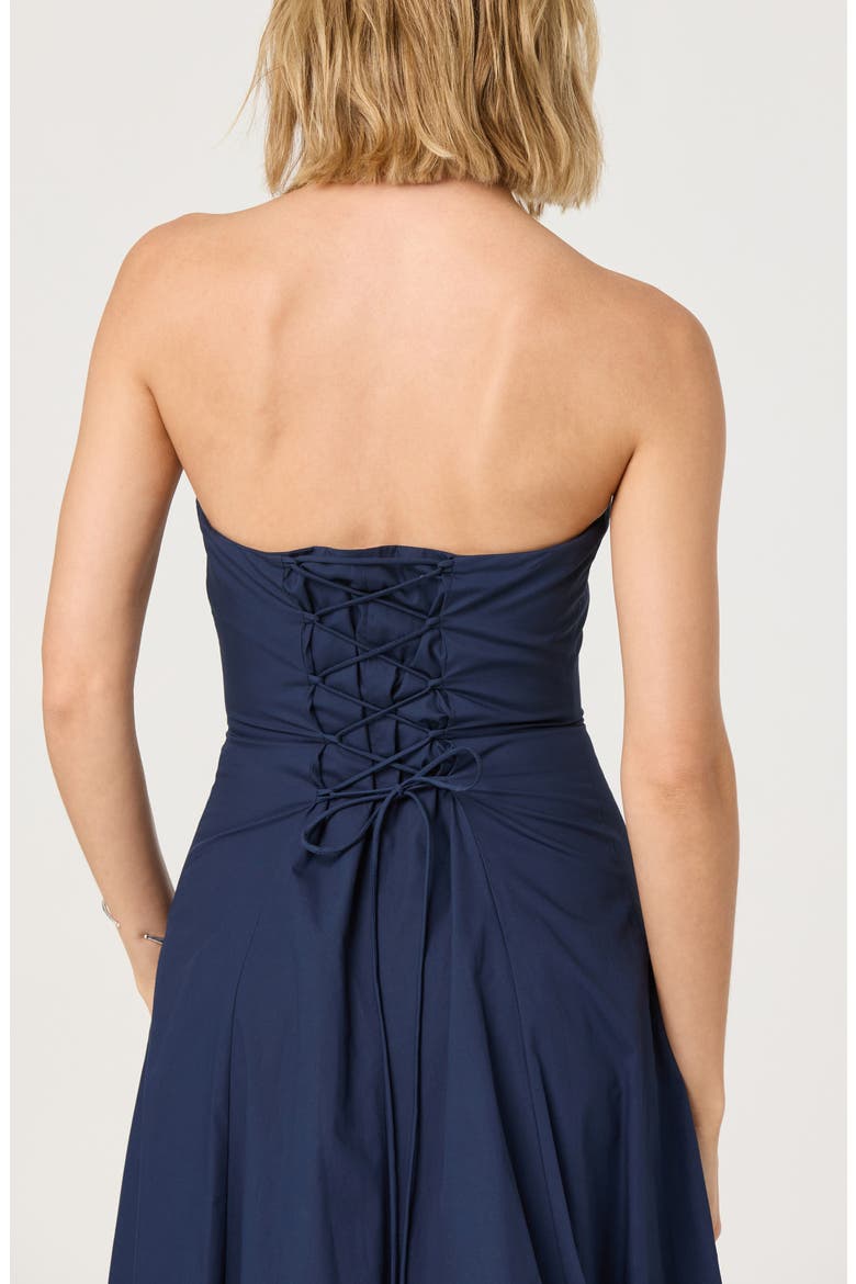 Strapless Bubble Hem Cotton Poplin Midi Dress, Alternate, color, NAVY