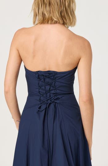 Strapless Bubble Hem Cotton Poplin Midi Dress