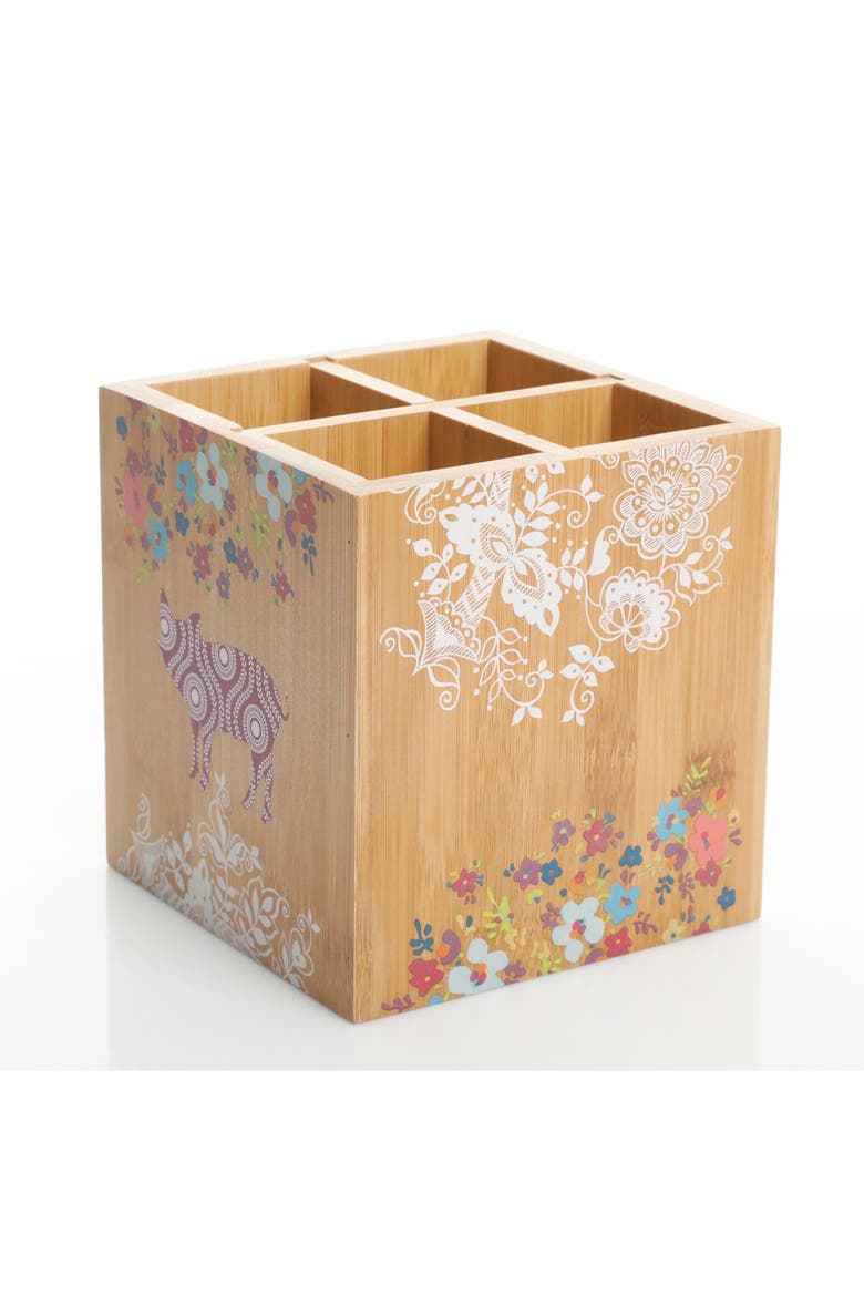 5.5" Square Wood Utensil Holder Animal Floral Print, Alternate, color, Brown