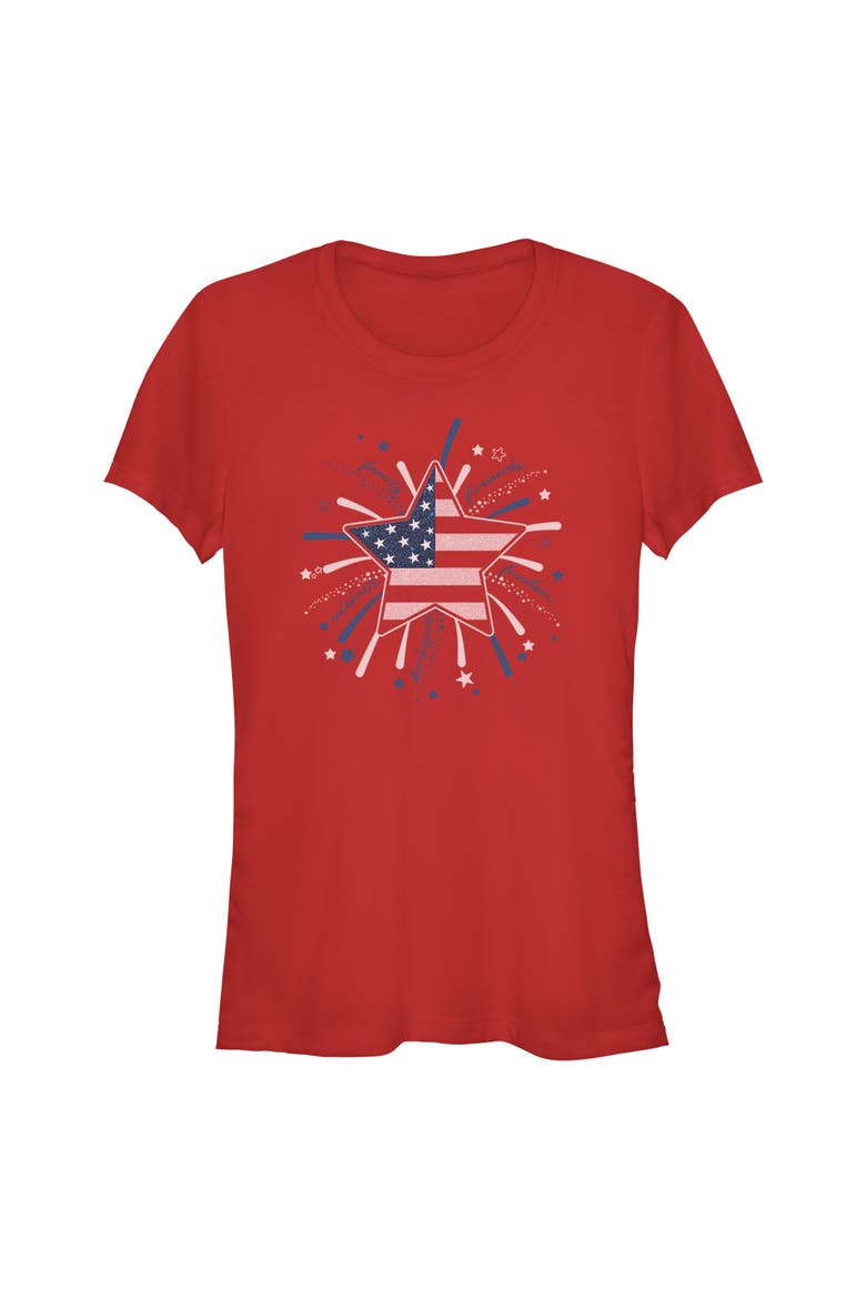 Junior's Lost Gods American Star Flag Fireworks  Graphic T-Shirt, Main, color, Red