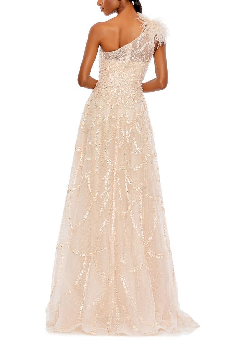 Embellished One-Shoulder A-Line Gown with Feather Accent, Alternate, color, PEACH