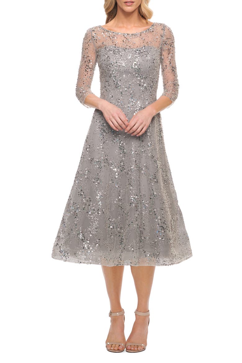 Sequin Illusion Bodice Cocktail Dress, Alternate, color, SILVER