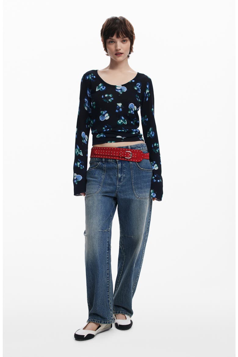 Print Rib Top, Alternate, color, BLACK