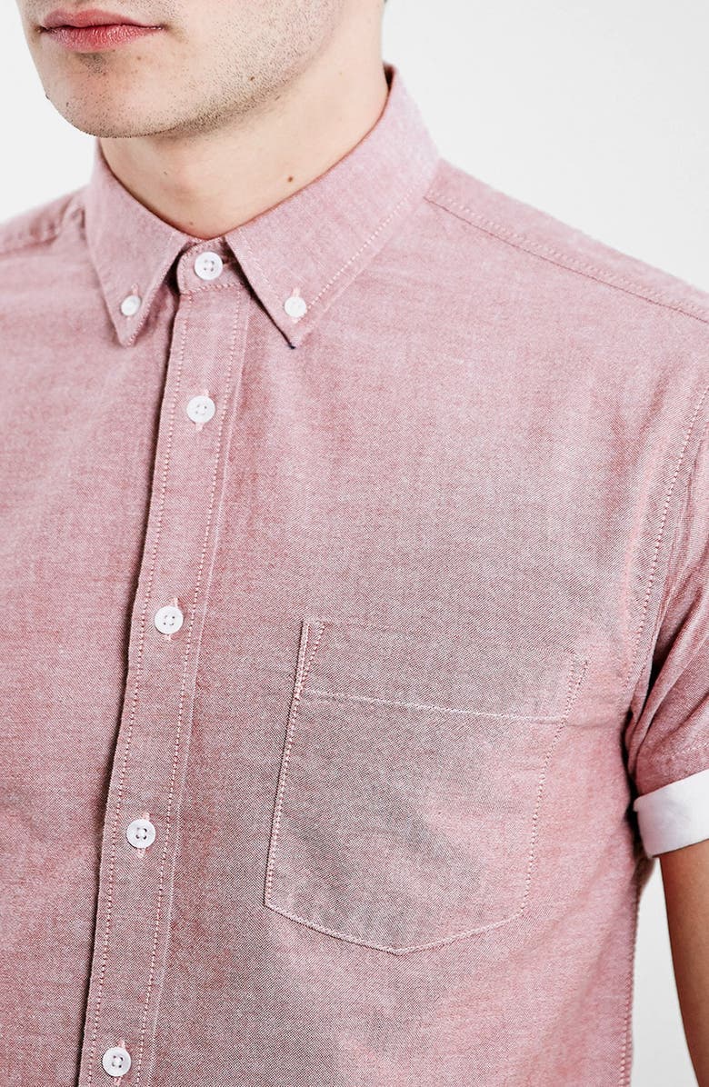 Topman Slim Fit Contrast Cuff Short Sleeve Oxford Shirt, Alternate, color,