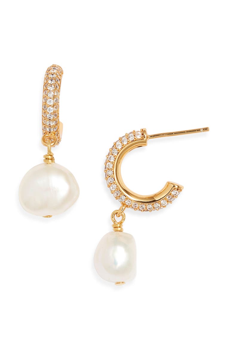 Cultured Pearl Drop Crystal Hoop Earrings, Main, color, PEARL