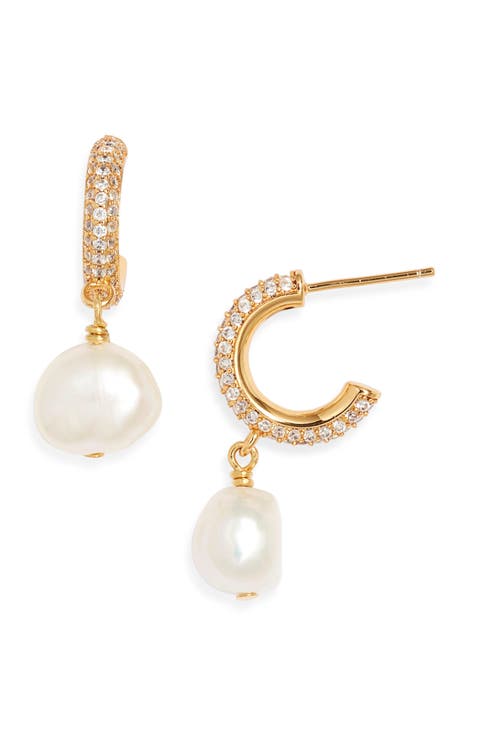 Cultured Pearl Drop Crystal Hoop Earrings