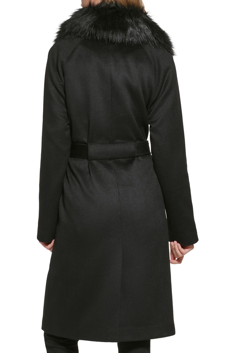 KARL LAGERFELD PARIS Luxe Belted Twill Wool Blend Coat with Removable Faux Fur Collar, Alternate, color, 