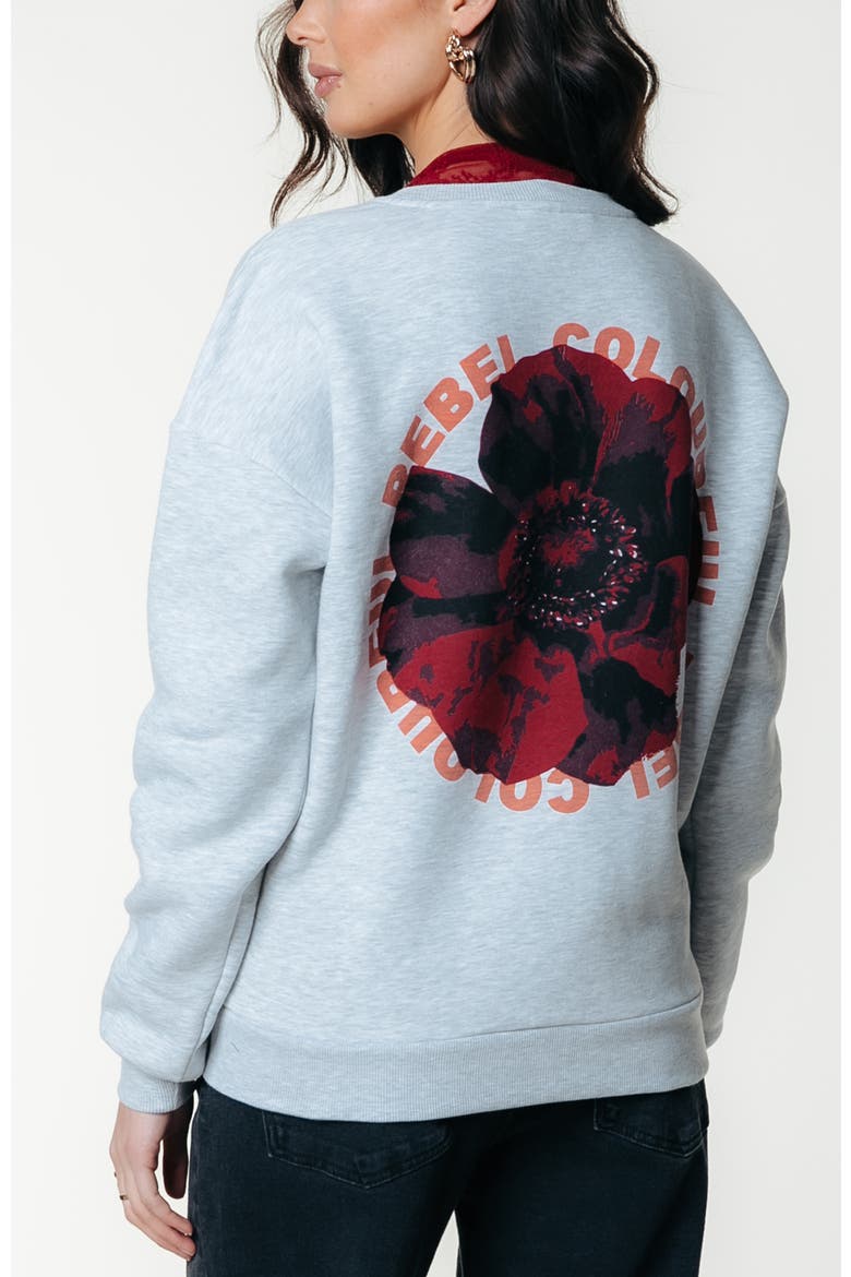 CR Round Flower Dropped Shoulder Sweat, Alternate, color, Light grey melange