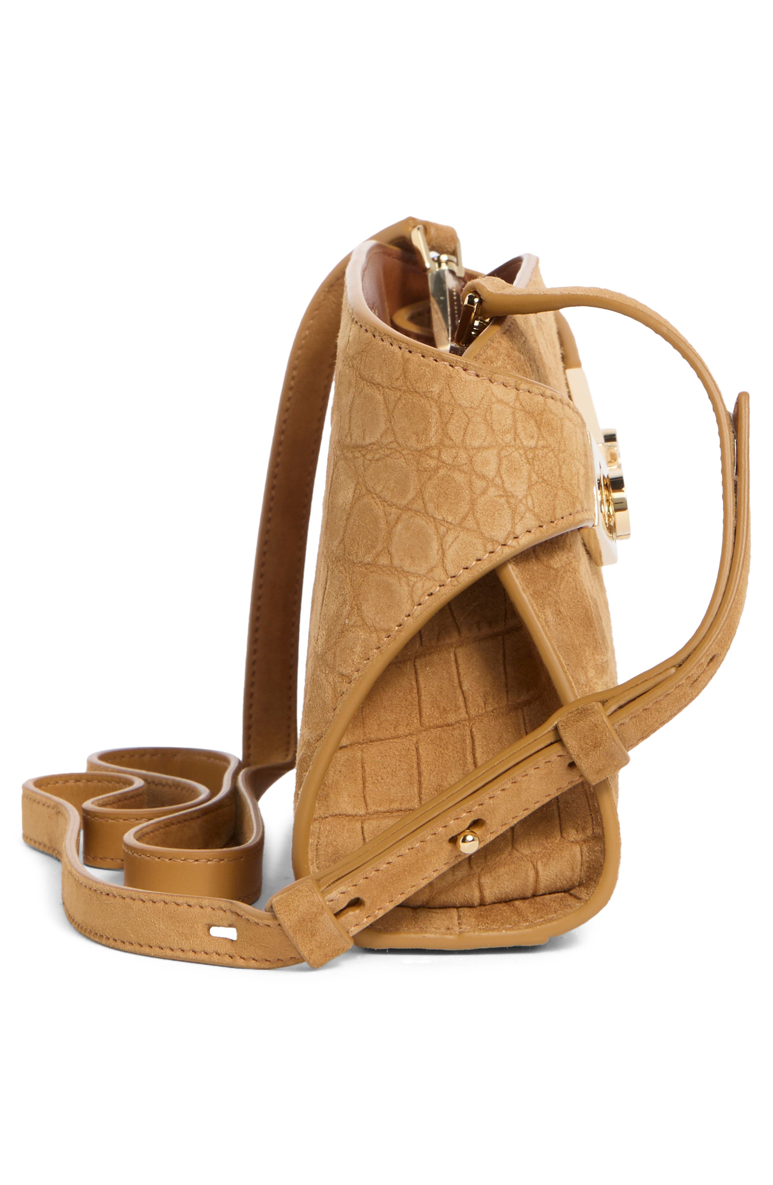 FERRAGAMO Hug Croc Embossed Suede East/West Shoulder Bag, Alternate, color, Naturale