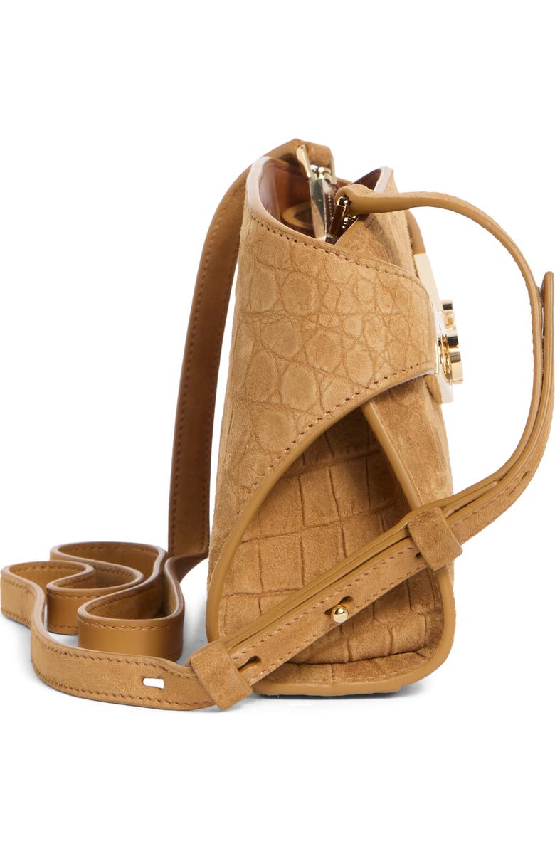 FERRAGAMO Hug Croc Embossed Suede East/West Shoulder Bag, Alternate, color, Naturale